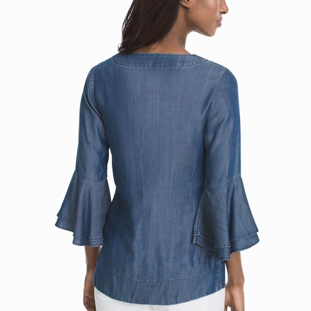WHBM The Carmen Lyocel Denim Bell-Sleeve Blouse Size 6 Petite - Picture 2 of 11